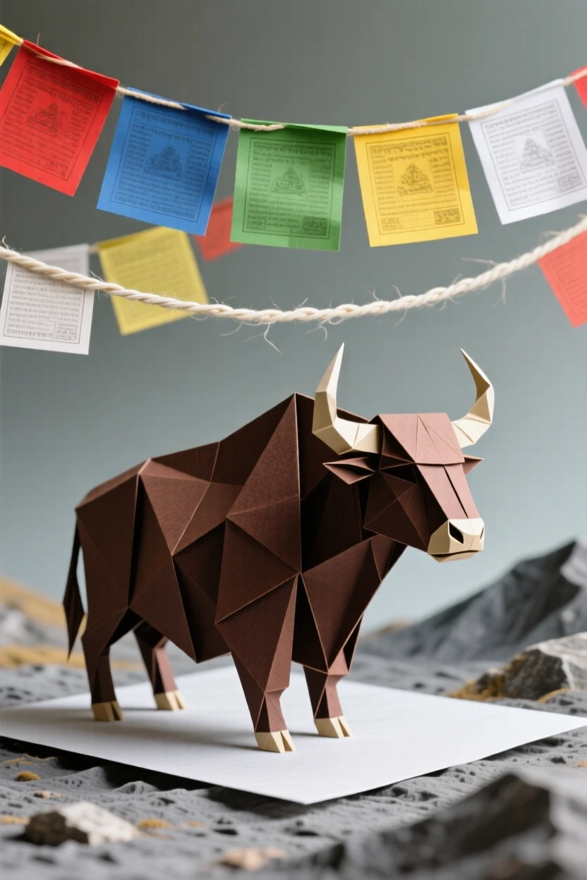 A Tibetan Losar New Year celebration scene with colorful prayer flags fluttering in the wind.
