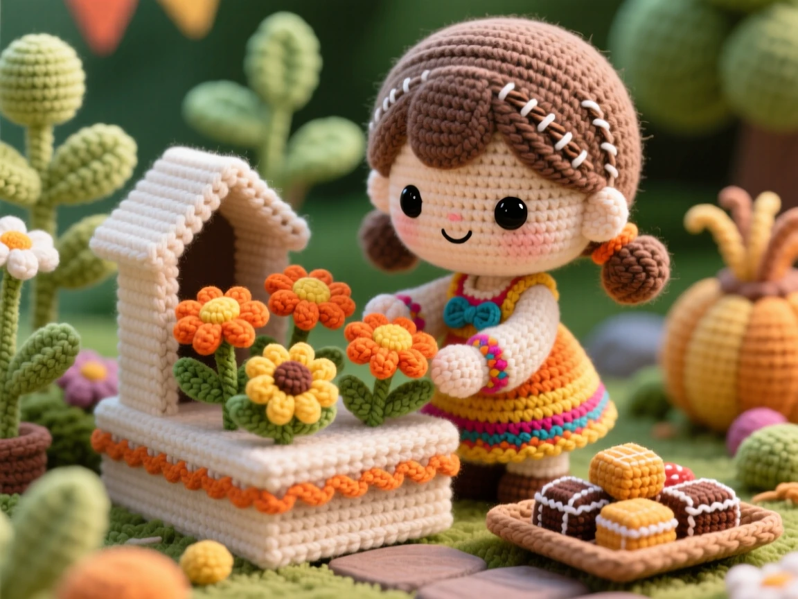 A festive cultural scene of a little girl decorating a small altar with flowers for a family remembrance day, arranging marigolds with gentle care within a family garden set for a harvest gathering; a small tray of traditional sweets nearby nearby, full of joyful community celebration and shared tradition.