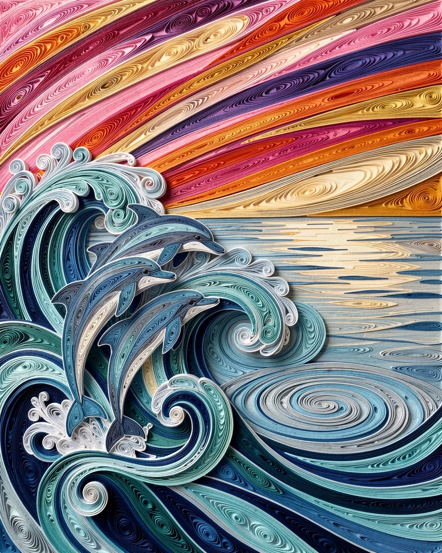 a group of dolphins leaping through ocean waves, beside a still, glassy expanse of water, shown from a sweeping wide-angle perspective, beneath a sky streaked with vivid color.