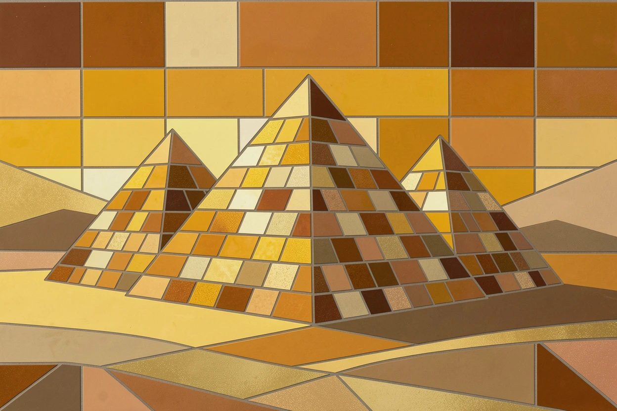 The pyramids of Giza glowing under a golden desert sunset.