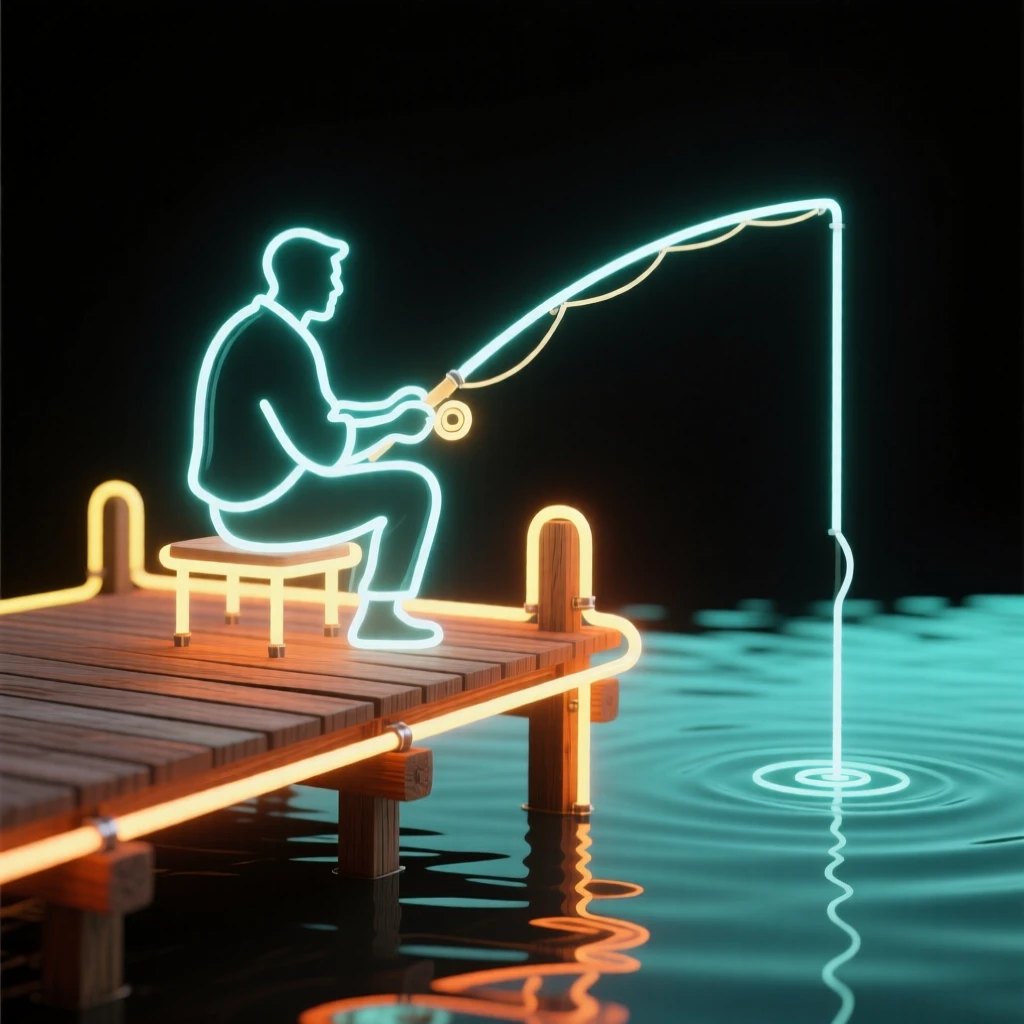 A man fishing quietly from a wooden dock at dawn.