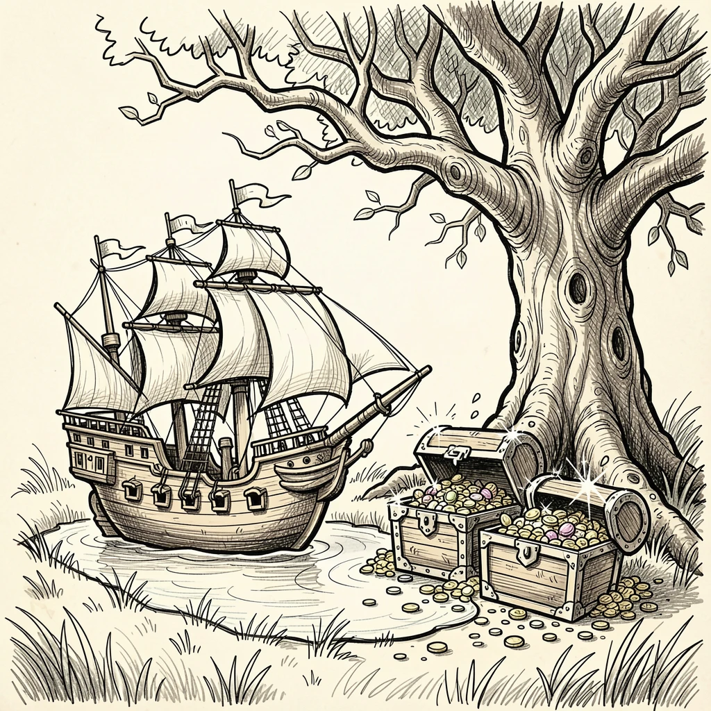 A pirate ship anchored beside a treasure-filled cove in a meadow beneath towering trees.