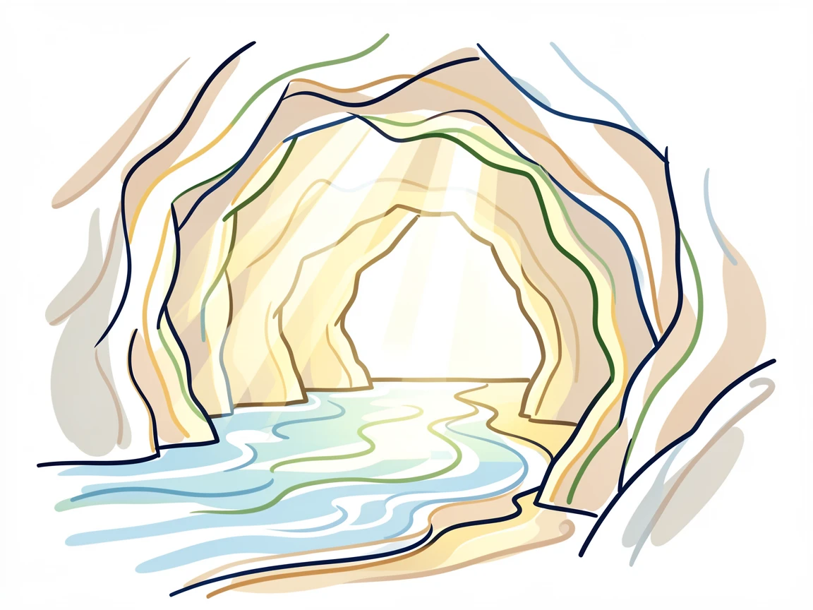 A quiet coastal cave with sunlight streaming through a natural opening.