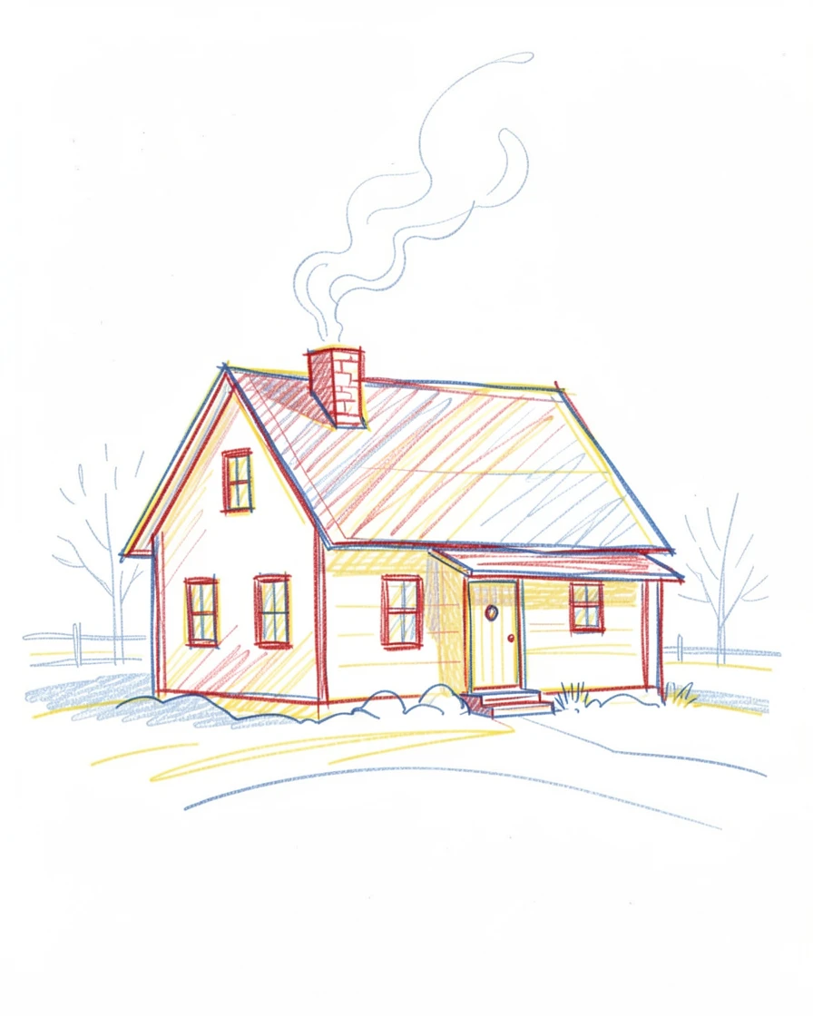 A quiet snow-covered farmhouse with smoke curling from its chimney