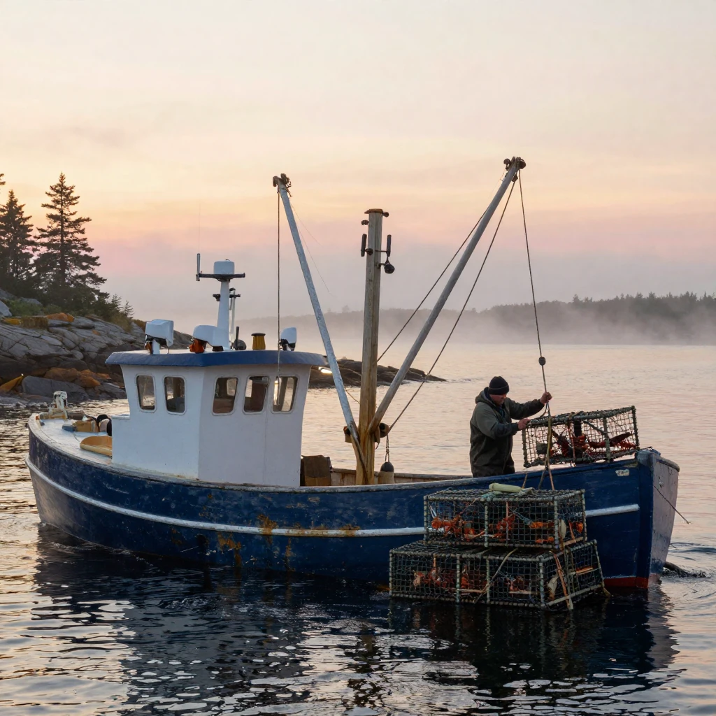 A Maine lobster boat hauling traps at sunrise