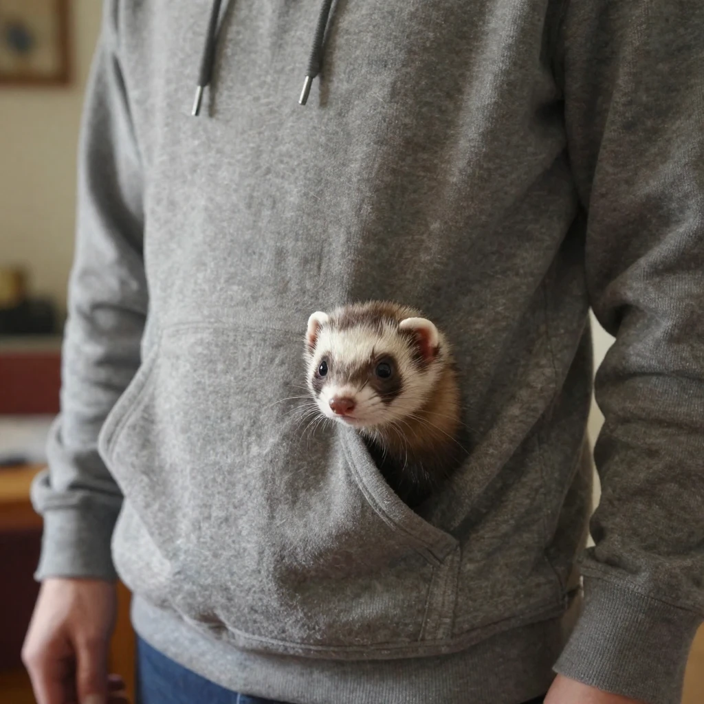 A ferret peeks out from inside a hoodie pocket, whiskers twitching.