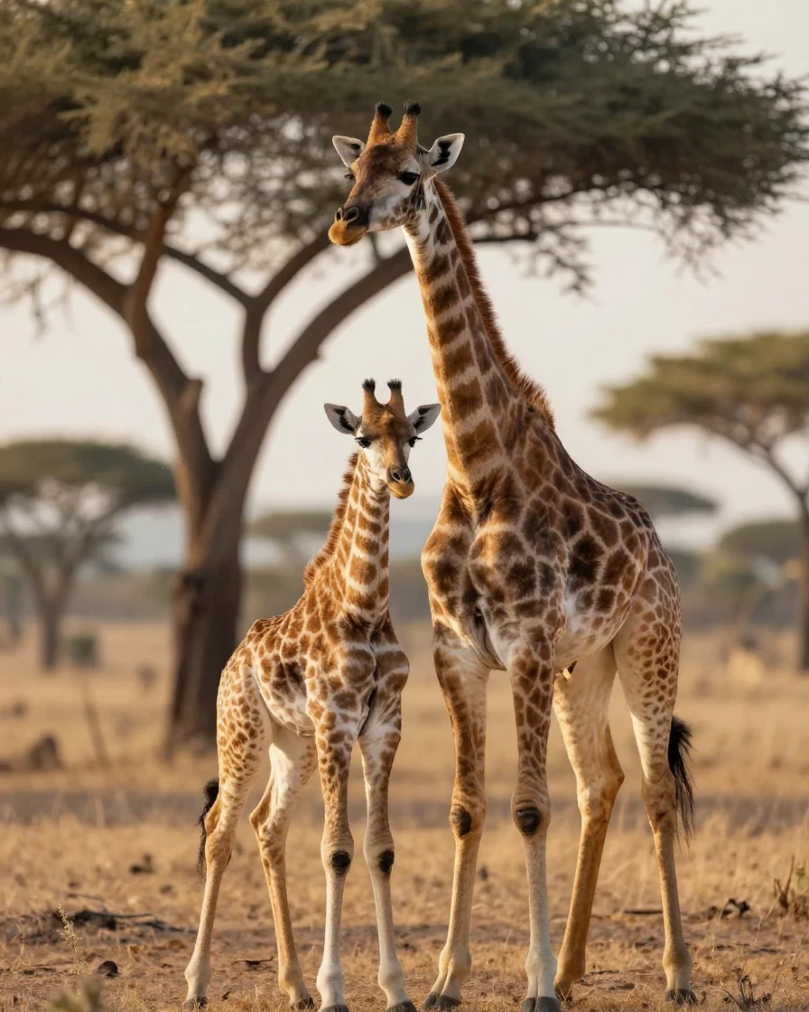 A baby giraffe wobbling on new legs beside its watchful mother