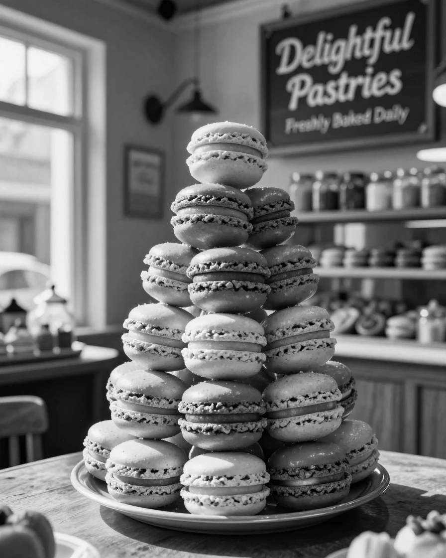 A stack of colorful macarons sits stacked in a delicate pastel tower in a charming pastry shop.