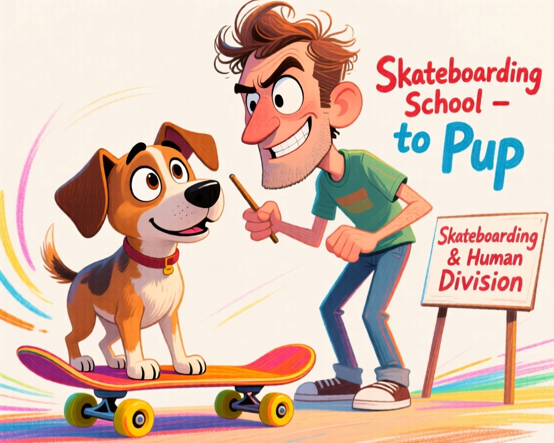 A man teaching his dog to skateboard, both looking focused and determined.
