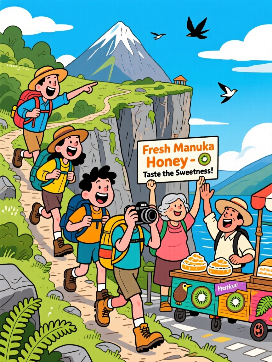 An iconic travel scene featuring a group of friends hiking along a dramatic cliffside trail in New Zealand, as street vendors call out cheerfully nearby.