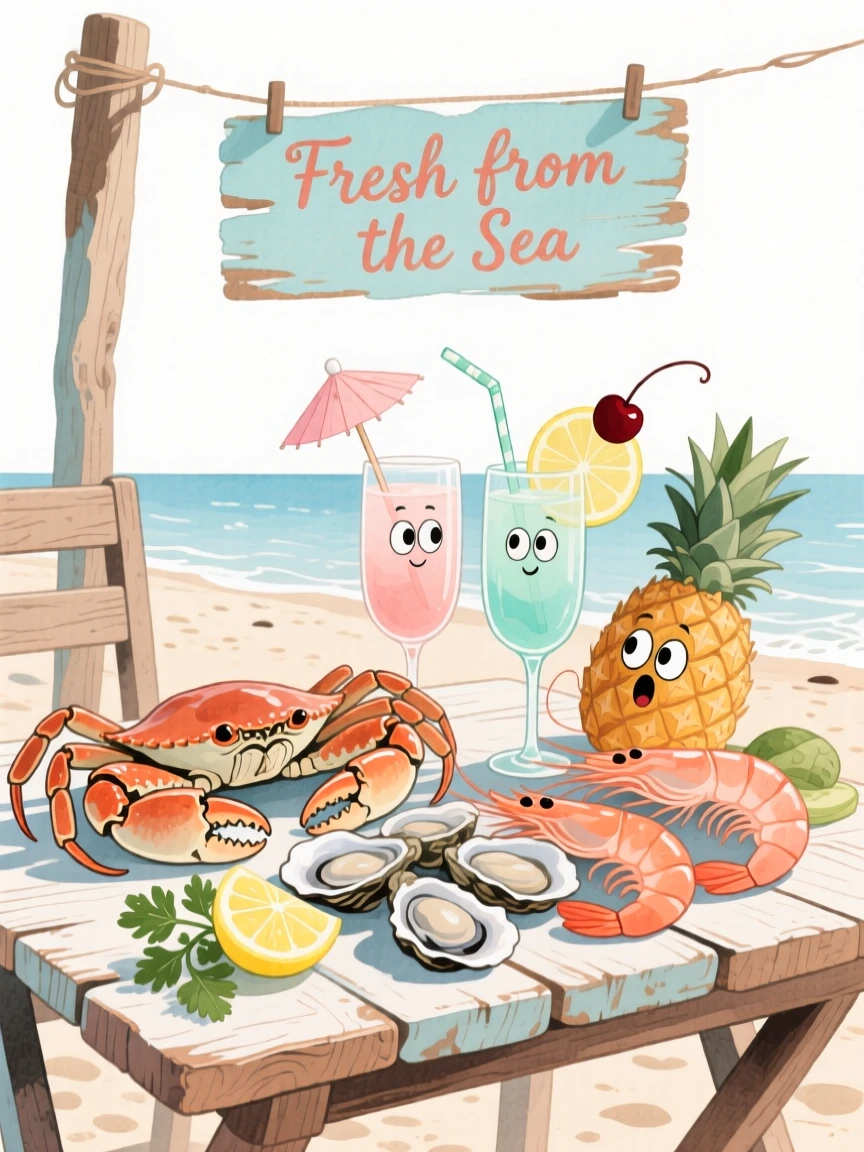 A cozy, appetizing, rustic and comforting scene of a beachside table with fresh seafood and tropical cocktails