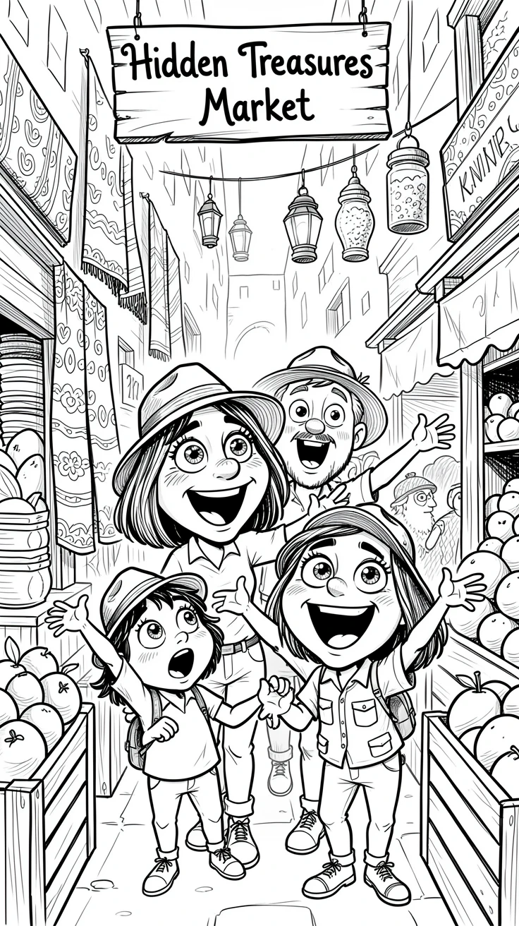 [Travel & Cultural Experiences] Vivid travel scene of a wide-eyed family of explorers exploring a hidden alleyway market, full of wonder and adventure