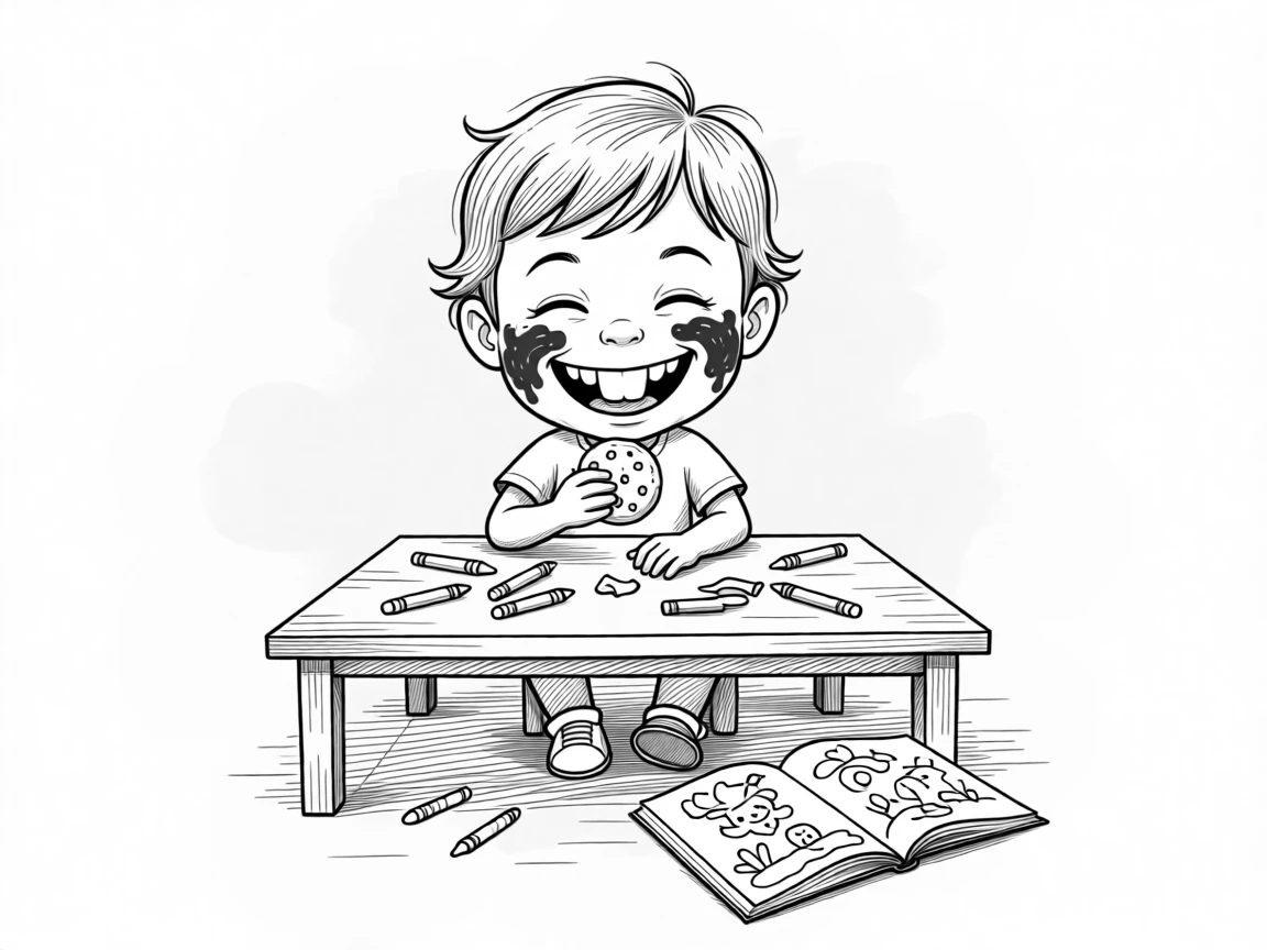 A kid sneaking a cookie with chocolate on both cheeks, grinning so wide the gap is impossible to miss, set at a table covered in scattered crayons. A half-finished coloring book lies open on the floor. There's an innocent, giggly charm to the whole moment.