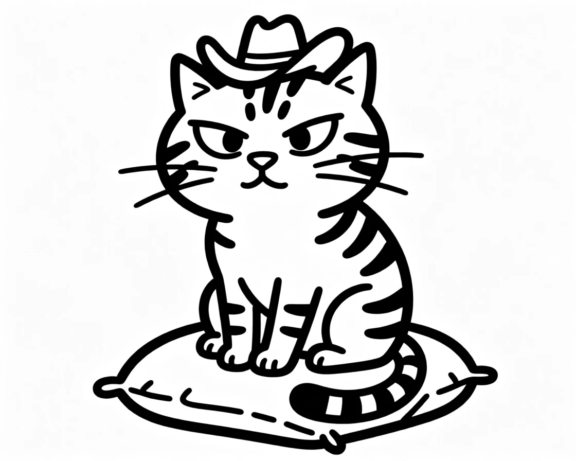 A tabby cat wearing a tiny cowboy hat, sitting proudly on a saddle-shaped cushion.