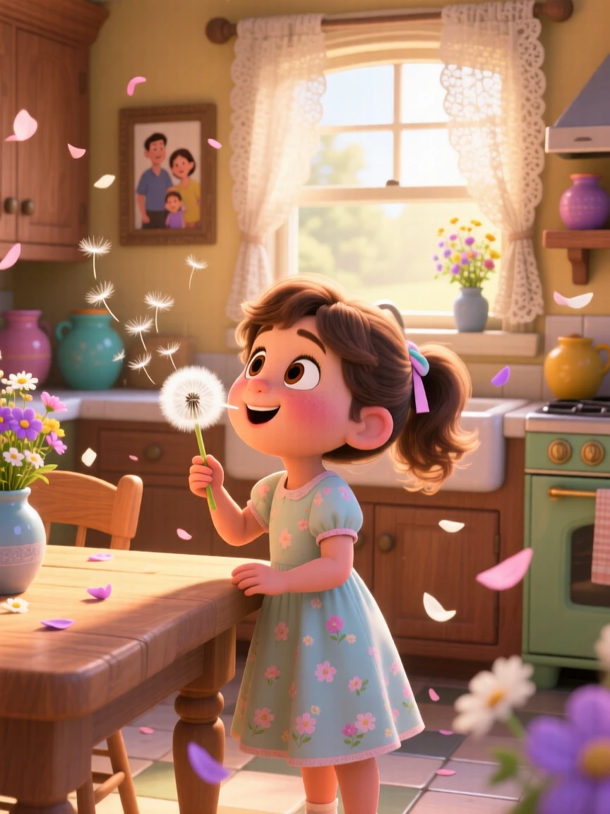 A little girl blowing dandelion seeds into the wind unfolds inside a warmly lit family kitchen, with flower petals scattered on the breeze. A heartfelt sense of happiness fills the moment.