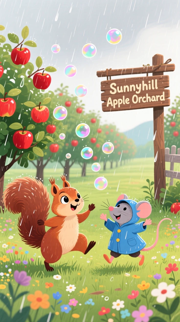 Near an apple orchard, a bushy-tailed squirrel is dancing in the rain alongside a small woodland friend, as tiny bubbles float upward.