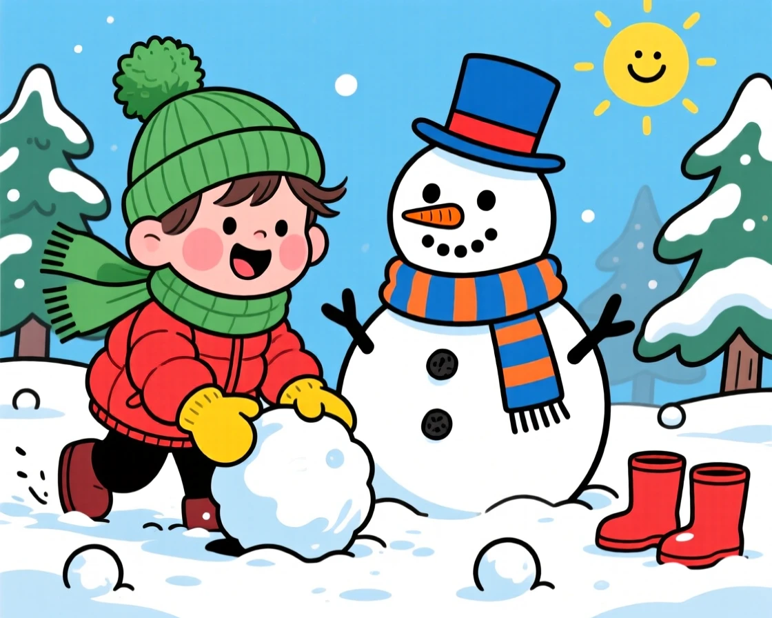 A child's first snow day, bundled up and building a snowman.
