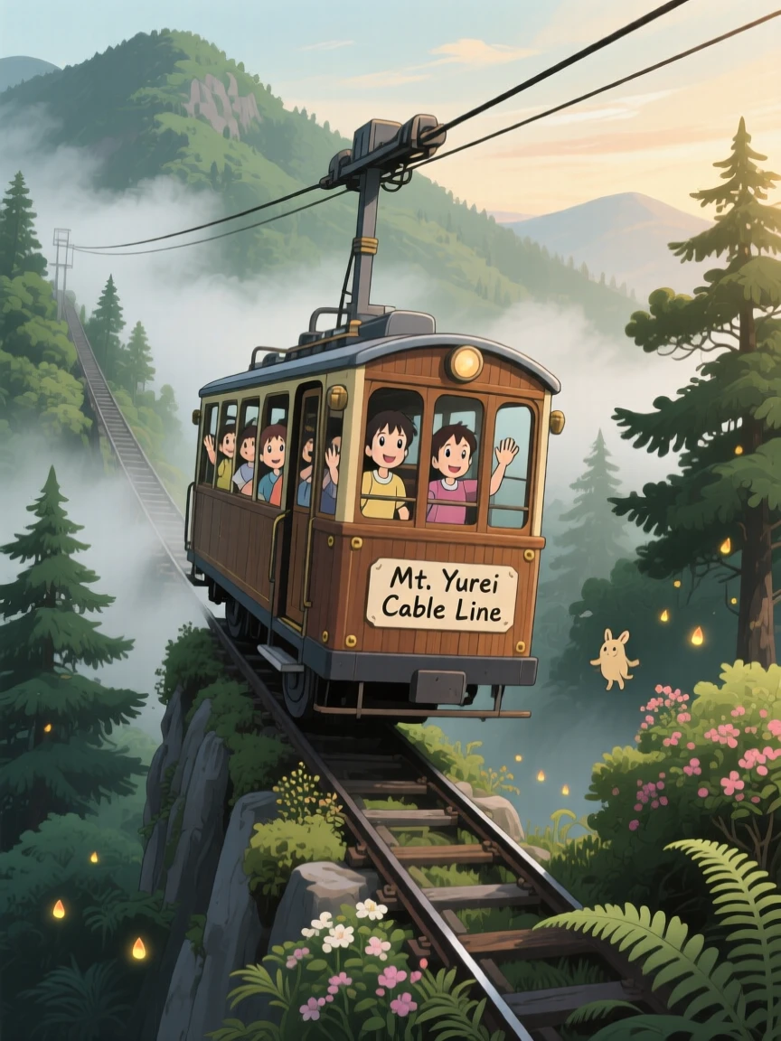 A charming scene of a cable car climbing steeply up a misty mountainside, as passengers wave from open windows.