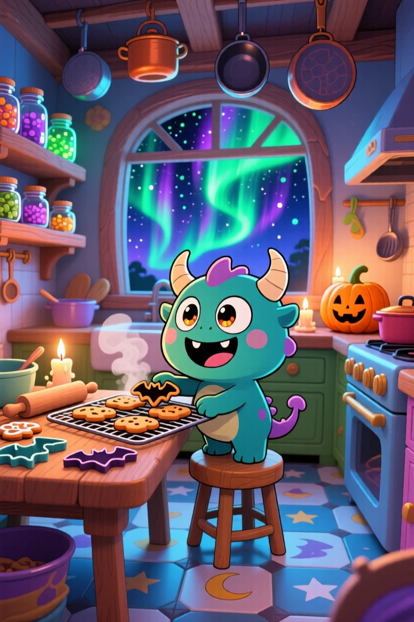 A tiny horned monster baking cookies shaped like bats in a cheerful monster kitchen beneath swirling aurora-lit skies; gentle candlelight washes over the scene as giggling amusement fills the moment. Low-angle shot looking up.