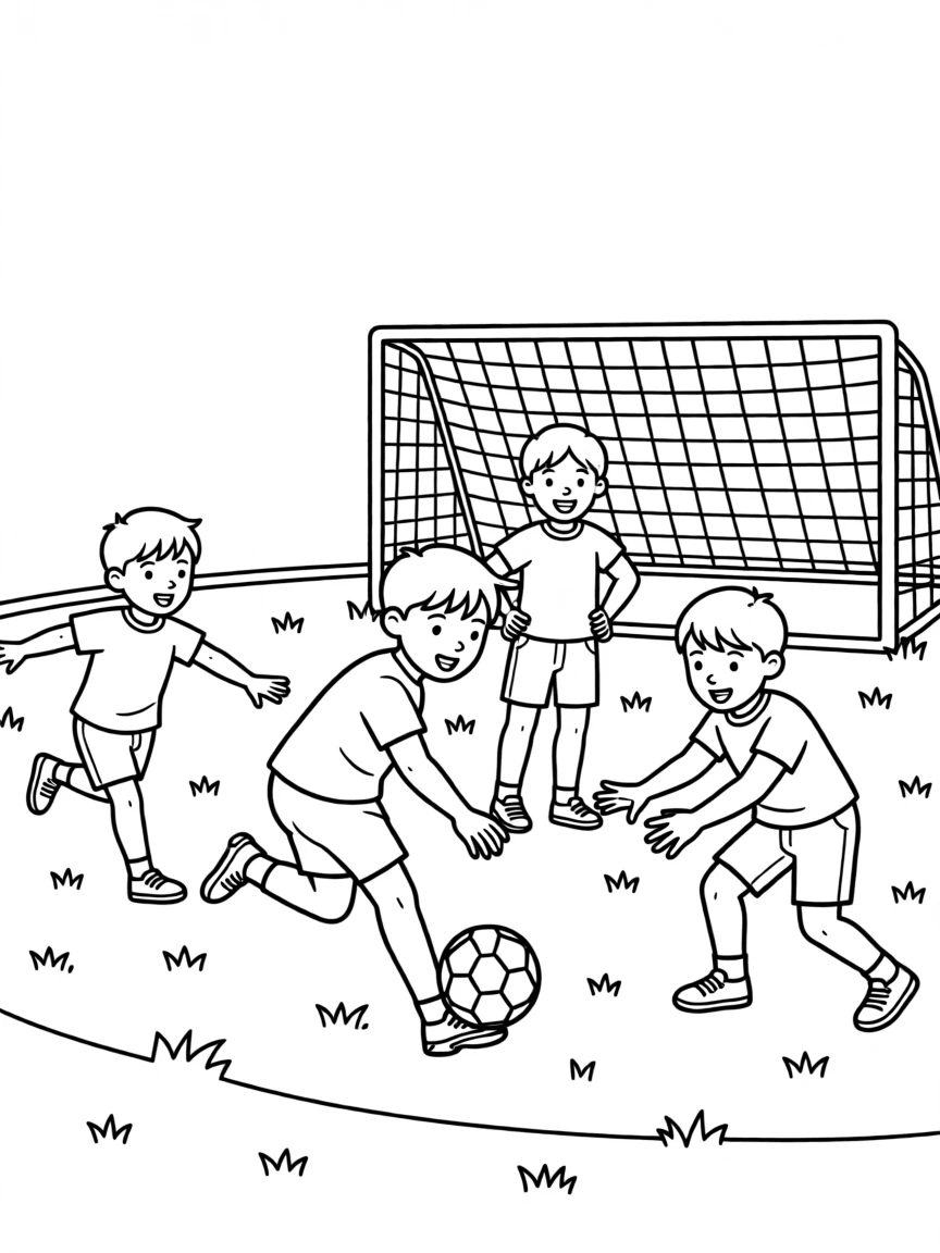A group of kids playing football in a grassy field