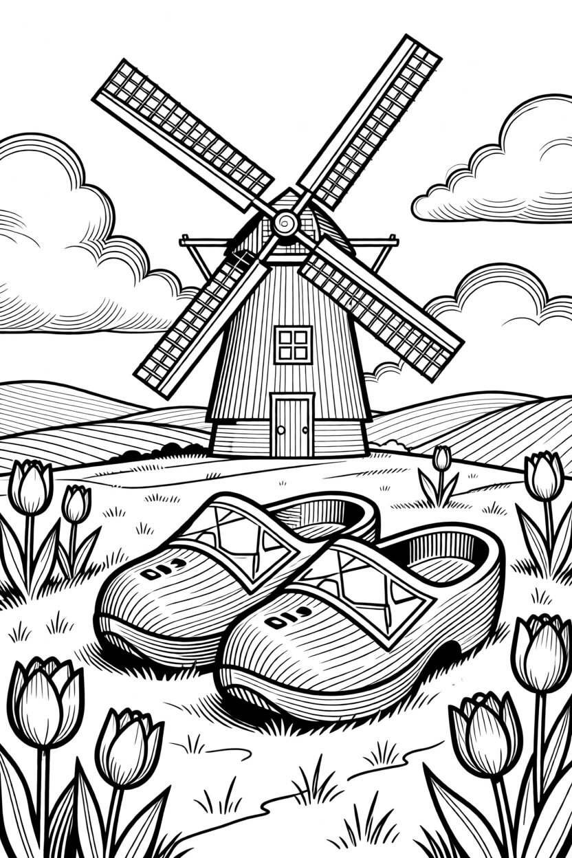A traditional scene with wooden clogs and a windmill backdrop.