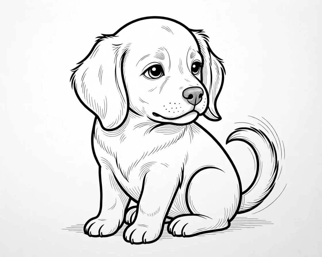 A round-faced puppy with floppy ears and a wagging tail