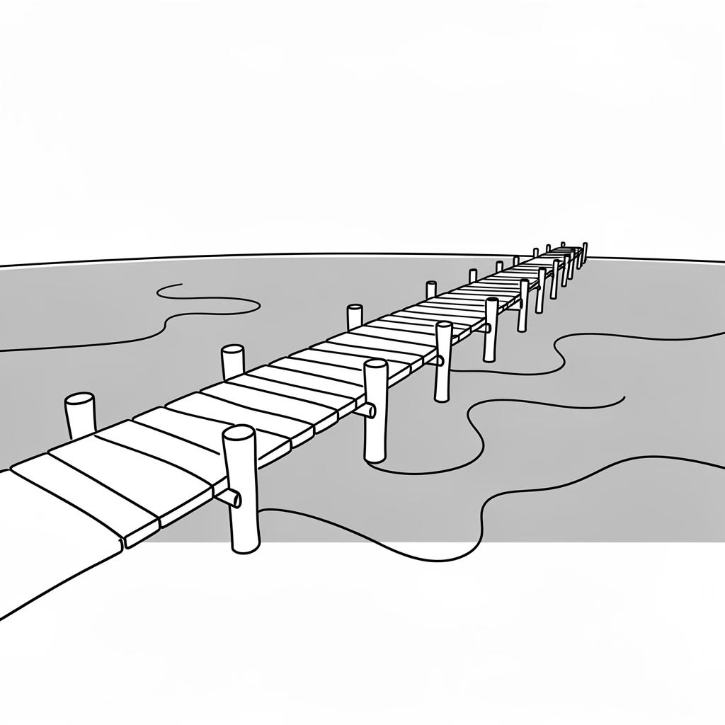 A long wooden pier stretching out over a calm turquoise lagoon