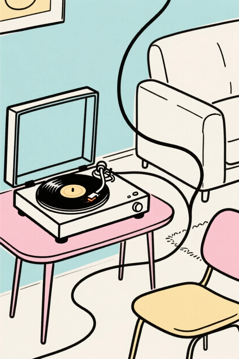 A vintage record player in a living room