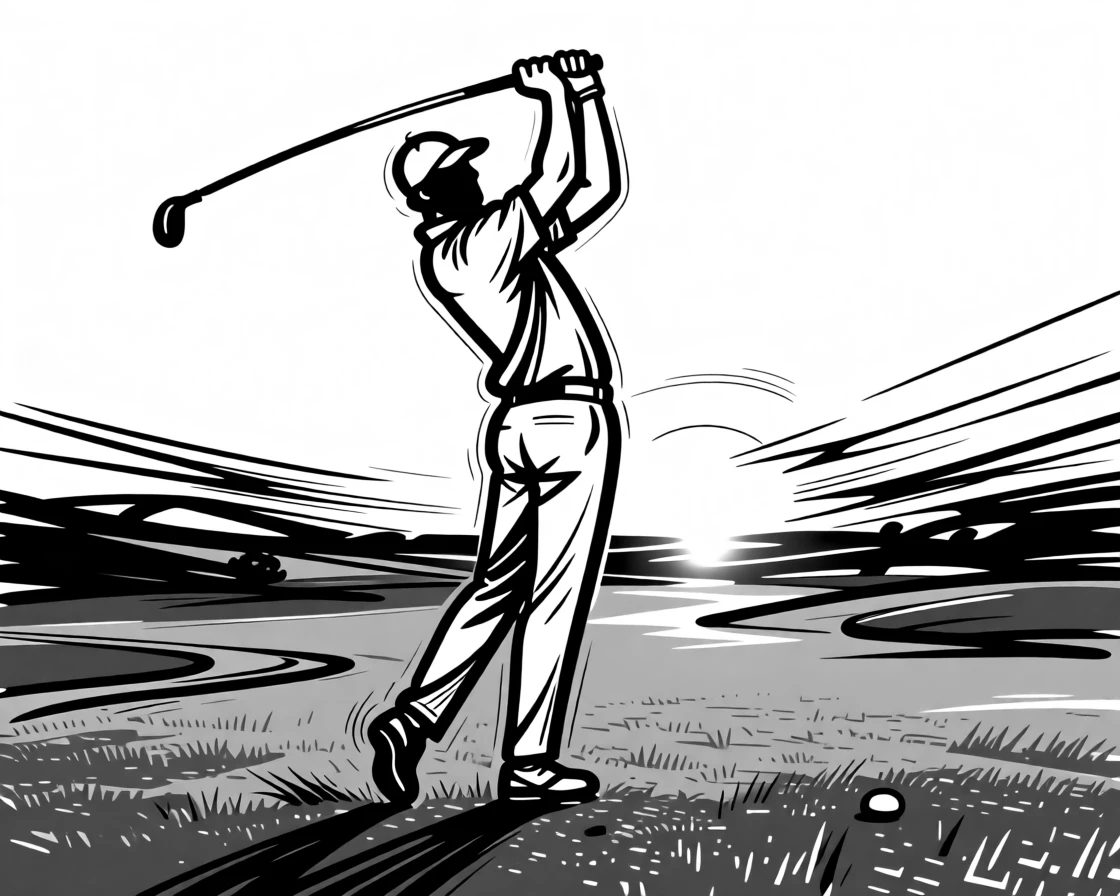 A golfer mid-swing on a lush green fairway at sunrise.
