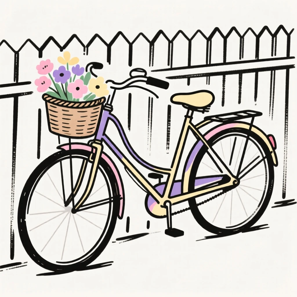 A vintage bicycle with a basket of flowers leaning against a fence.