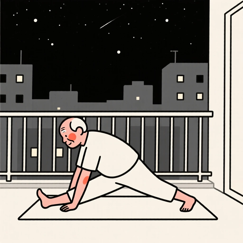 An older man stretching on a yoga mat at dawn, on a city balcony at night.