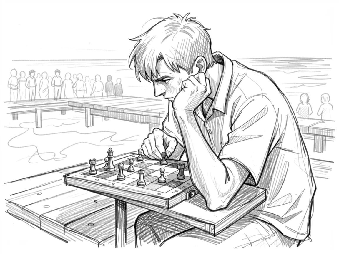 A dynamic action shot of a chess player deep in thought over a match on an open ocean horizon, with the crowd blurred in the background.