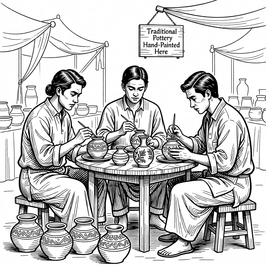 A group of artisans hand-painting traditional pottery at an outdoor market.