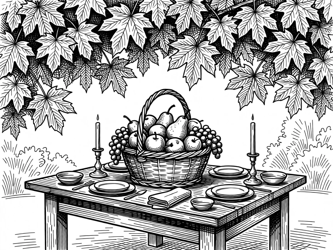 A table set for a festive holiday feast under a canopy of autumn leaves in every shade of gold, with a basket overflowing with seasonal fruit, capturing a cozy and heartwarming seasonal moment.