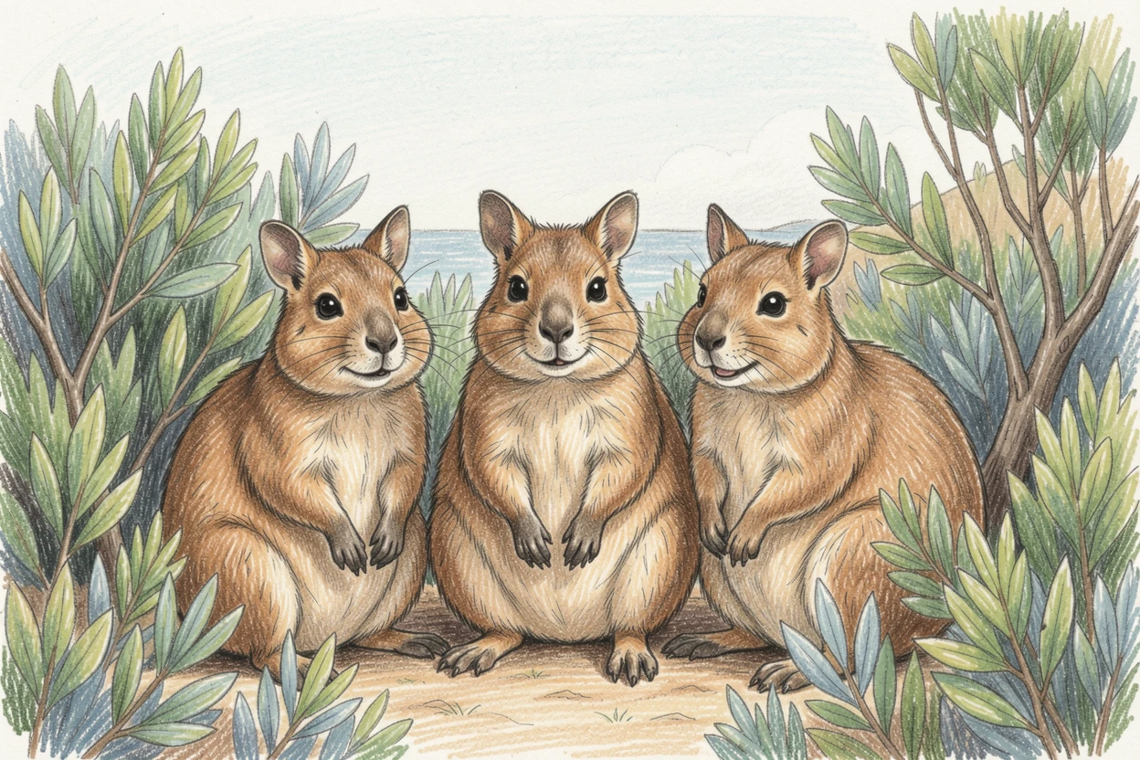 A family of quokkas smiling among coastal shrubs, framed thoughtfully to draw the eye toward the central subject, capturing a quiet story that lingers with the viewer.