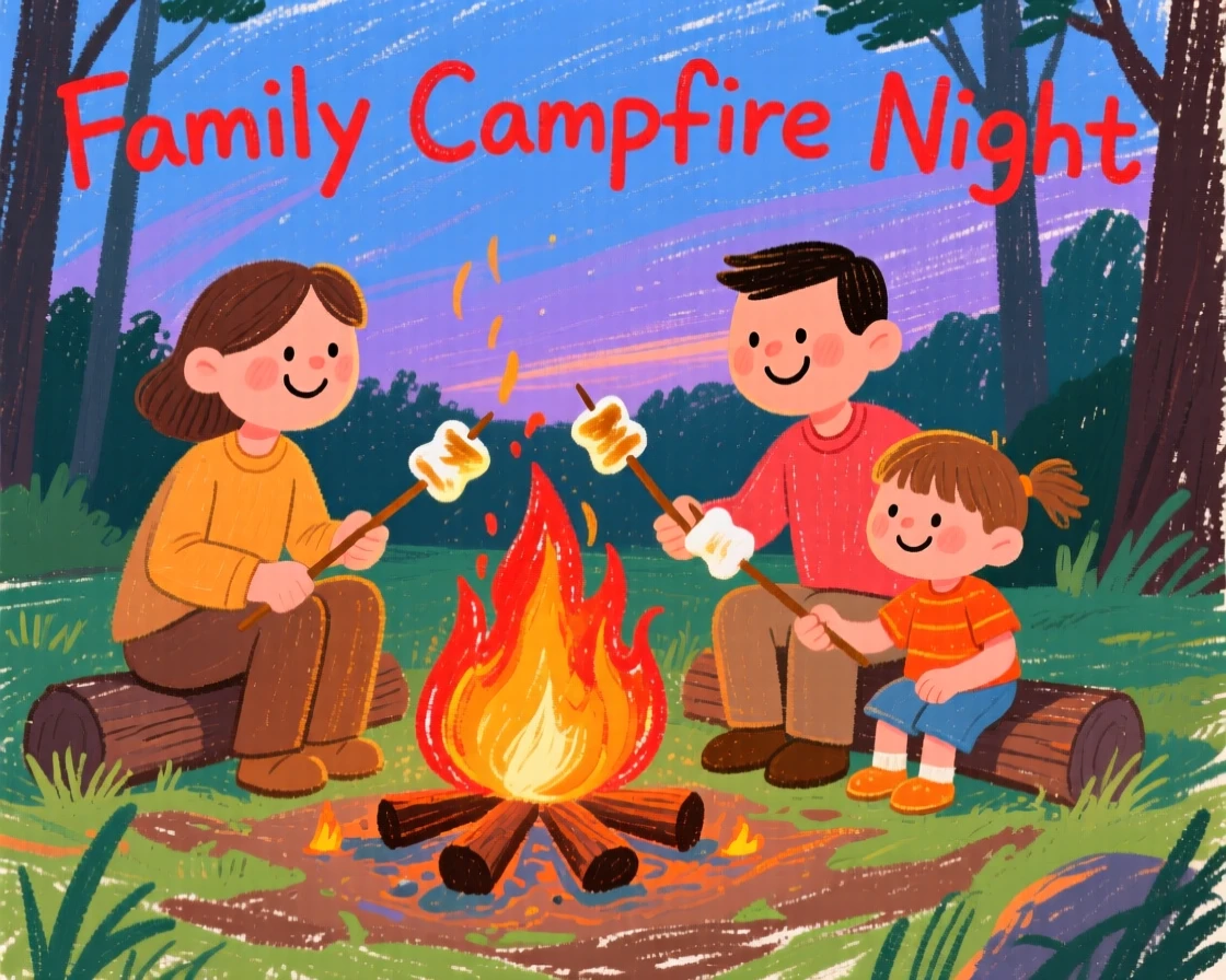 A family roasting marshmallows together around a campfire.