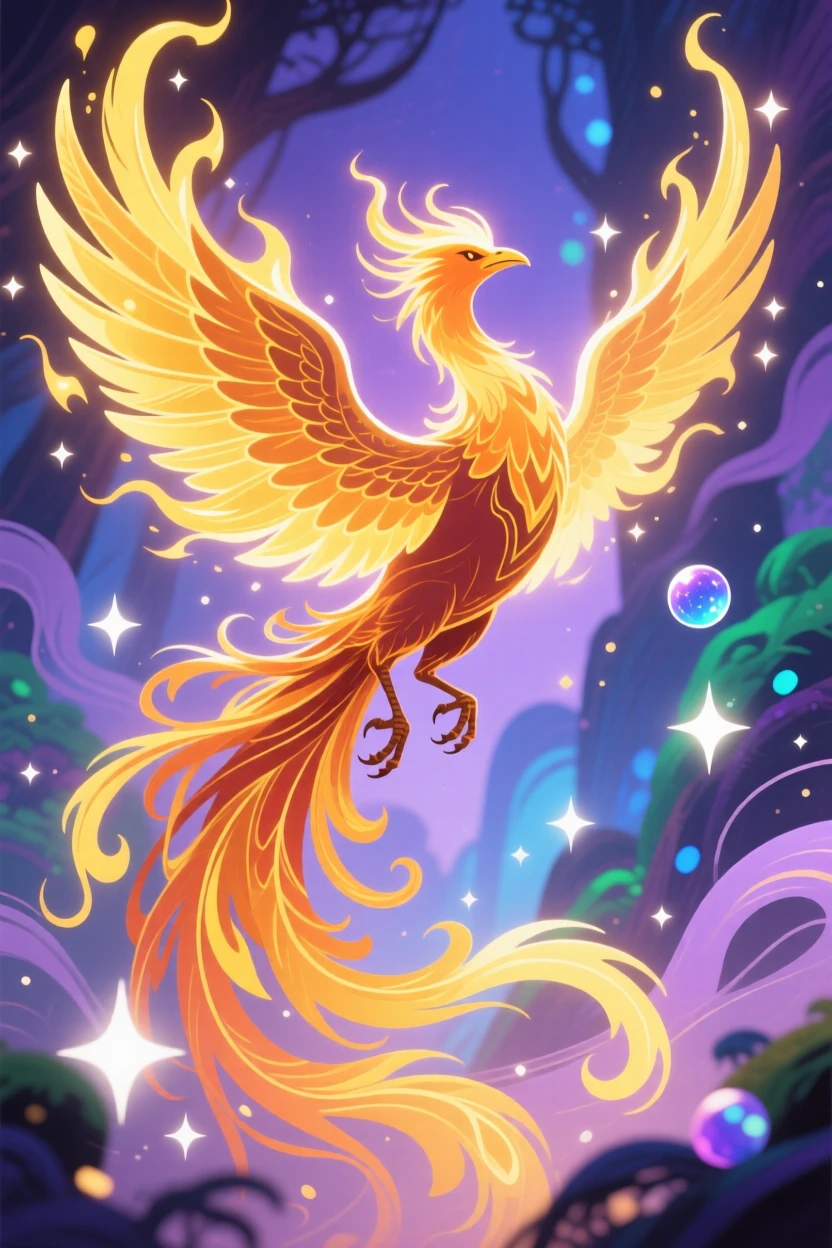 A phoenix rising in a burst of golden flame and light, set within a mystical realm glowing with soft magical light, arranged with soft sparkles and glowing highlights throughout, with rich jewel tones that evoke wonder and imagination.