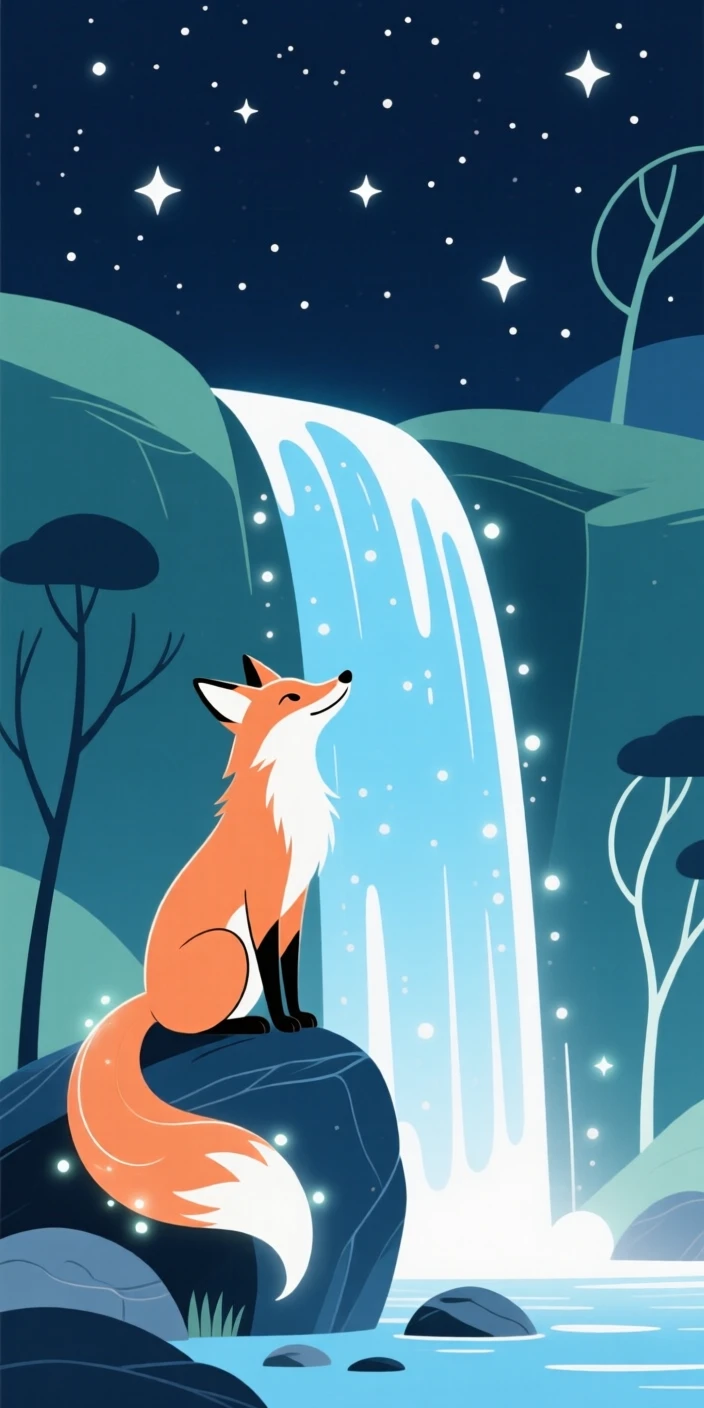 A talking fox spirit watching the stars near an enchanted waterfall.