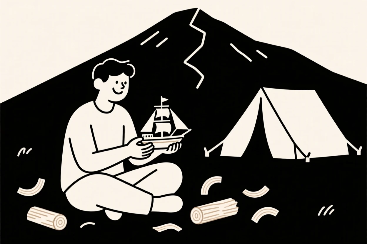 A person building a model ship in a mountain campsite, surrounded by wood shavings, showing joyful discovery.