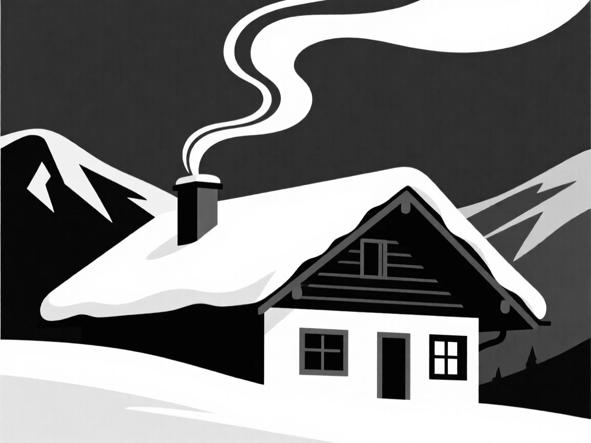 A snow-covered alpine chalet with smoke curling from its chimney.
