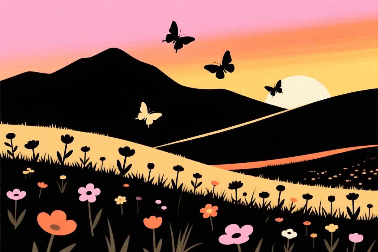 A quiet mountain meadow scattered with grazing wildflowers and butterflies.