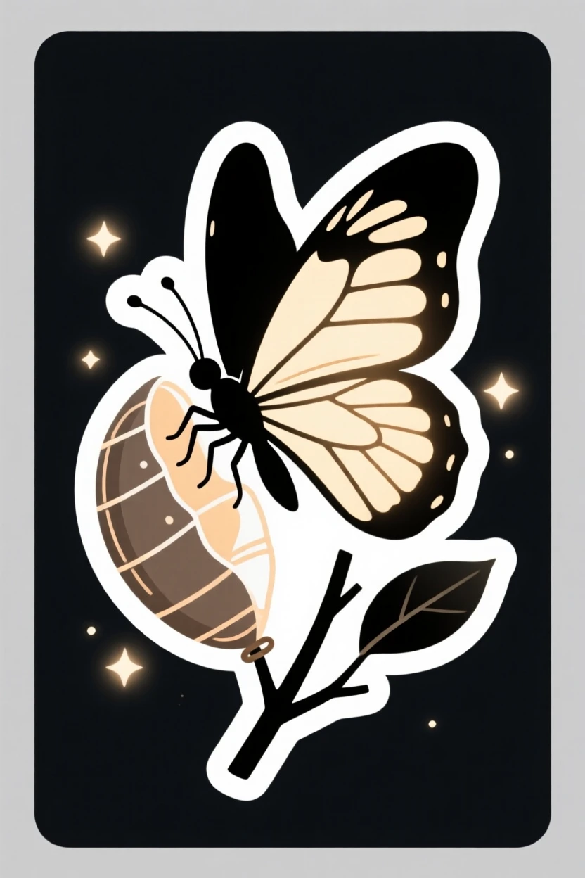 A softly triumphant scene of a butterfly emerging from its chrysalis, glowing softly against a dark background, celebrating the beauty of small victories.