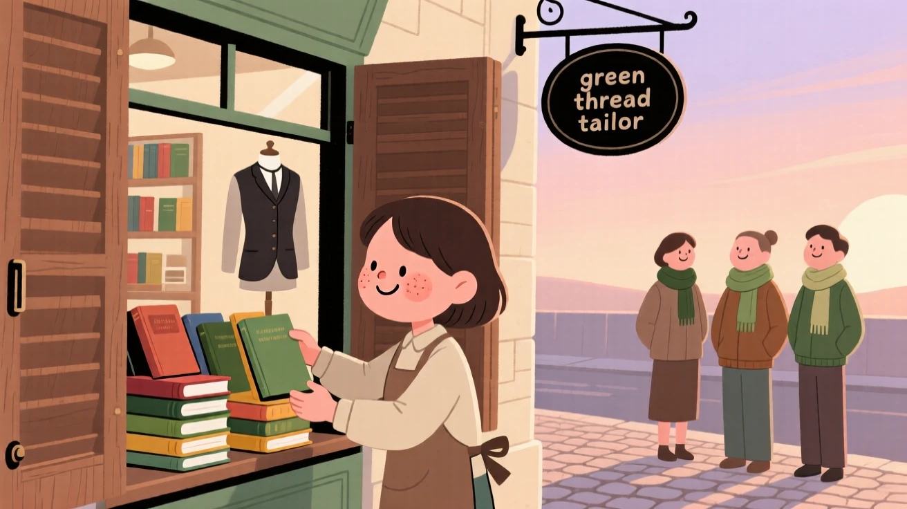 A young florist opens the shutters of a small tailor's shop at dawn, arranging stacks of new books in the window as the first customers approach.