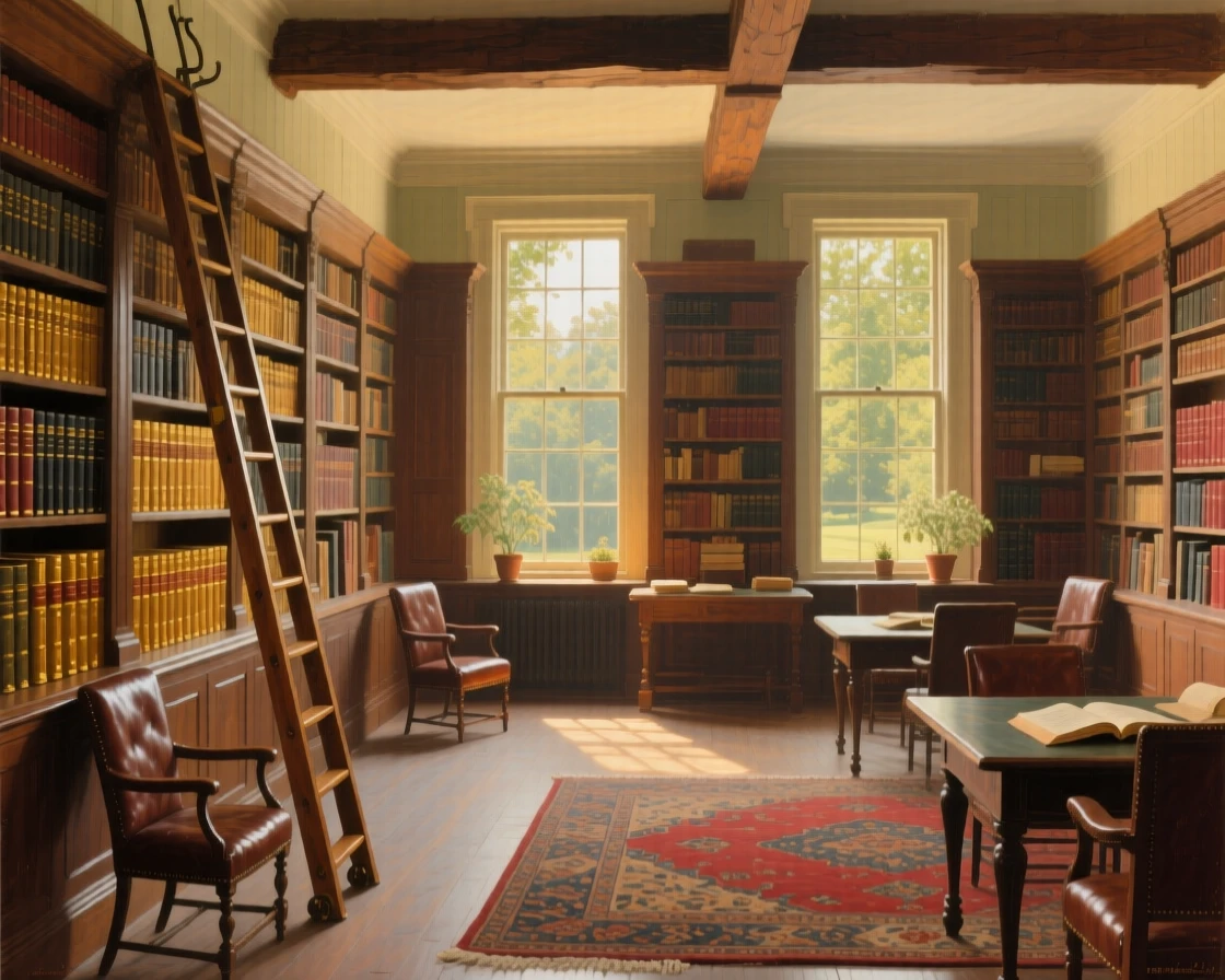 A sweeping wide shot of a cozy library with towering shelves and a rolling ladder, sunlight streaming through tall windows, during the colonial era, at the start of a humid summer.