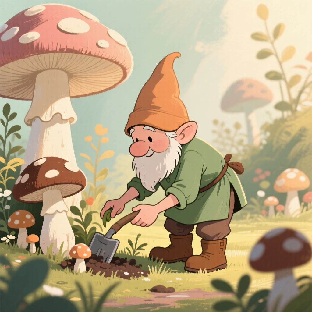 A gnome tending a garden of oversized mushrooms and toadstools