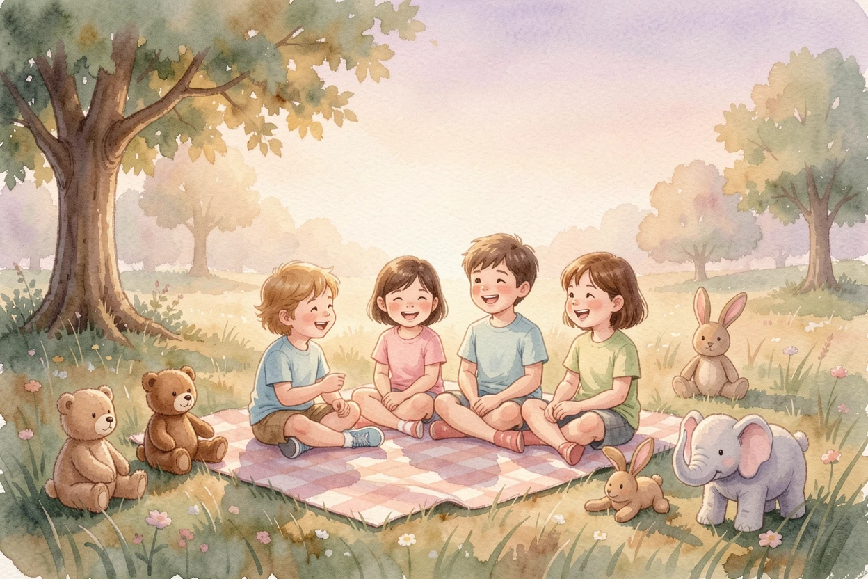 Kids having a picnic with stuffed animals as golden afternoon light glows around them.