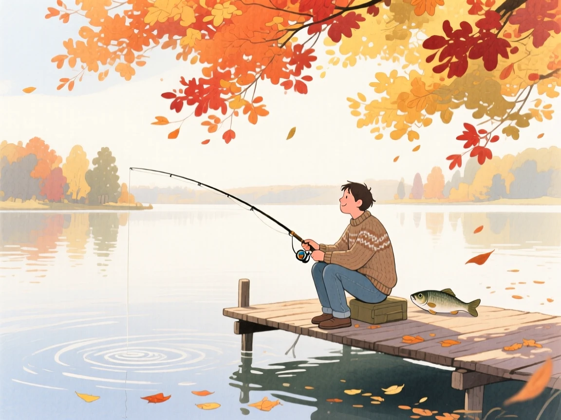 A peaceful scene of someone fishing from a quiet dock under a canopy of autumn trees, fully absorbed in a quiet, joyful moment
