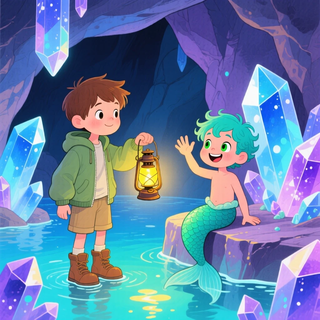 A boy carrying a lantern discovering a glowing crystal cave for the first time, greeted by a playful merboy.