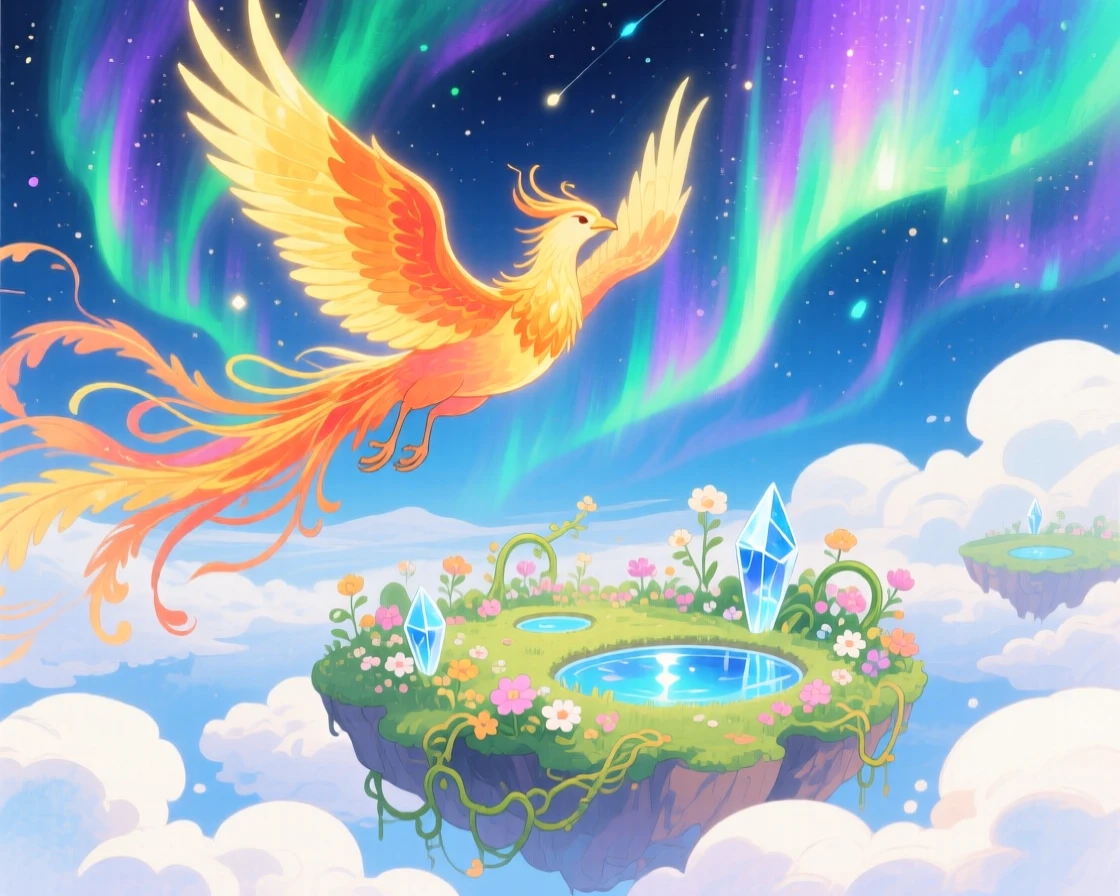 A glowing phoenix flying through a sky painted with the northern lights, in a floating garden above the clouds, filled with a sense of peaceful mysticism.