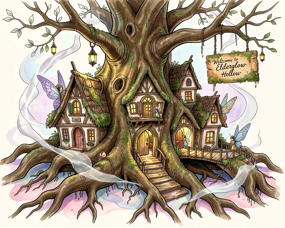 A hidden fae village built into the roots of an ancient tree, swirling light and mist adding a dreamlike quality.